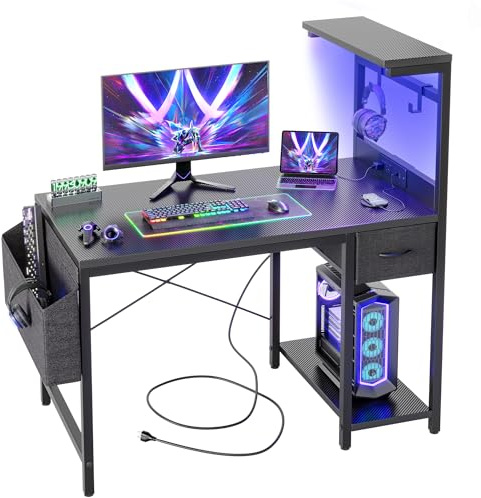 BEXEVUE Escritorio LED 100x50 cm con tablero de fibra de carbono, mesa de gaming con cajón, bolsa y 2 ganchos para auriculares, mesa de ordenador con enchufes, negro