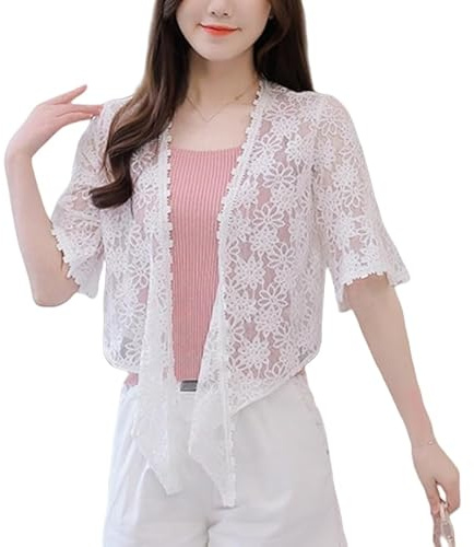 WLLDDDIU Bolero Mariage, Boléro en Dentelle pour Femme, Cardigan D'Été À Manches 3/4, Noué sur Le Devant, Élégant, Court, en Tricot, Robe Transparente À Fleurs, pour Mariage, Soirée, Décon