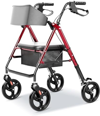 VEKROBOT Leichter Alu-Rollator faltbar mit Sitz, 2-in-1 Gehhilfe & Transport-Stuhl, Aluminium-Rahmen Rollator Luftbereifung, inkl. Tasche & Rückengurt für Indoor/Outdoor