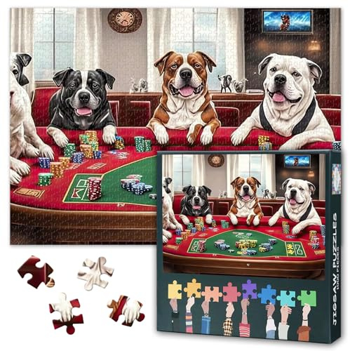 Puzzle 1000 pièces - Chiens mignons jouant au poker au casino - 1000 puzzles - Jeu d'adresse pour toute la famille - Puzzle adulte à partir de 6 ans - Taille terminée : 50 x 70 cm