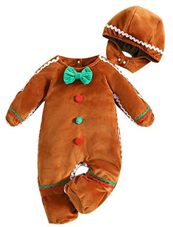 Qtinghua Disfraz de pan de jengibre para recién nacido, mameluco de manga larga de forro polar con capucha para Navidad, lindos trajes de cosplay, Marrón D, 18-24 meses