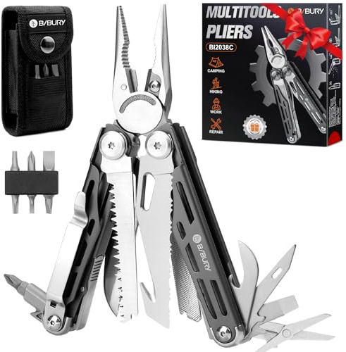 BIBURY Multitool, 19 in 1 Edelstahl Multitool Werkzeug mit Zange Klappmesser Schere Schraubendreher, Geschenke für Männer, Faltbares Multifunktionswerkzeug für Outdoor, Camping, Reparieren