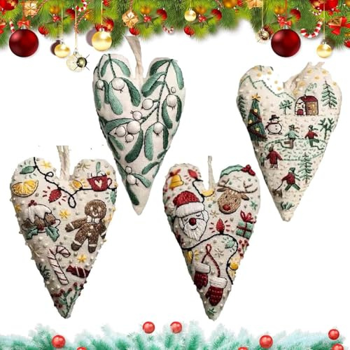 Lamvpiny Christmas Heart Embroidery Kit, DIY Heart-Shaped Christmas Decoration for Beginners, Heart Cross Stitch Kit with Needles and Thread, Hand Embroidery Xmas Tree Hanging Ornament(4PCS/Set)