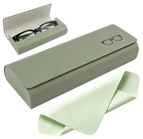 Estuche Rígido de Verde de Gama Alta para Gafas, Estuche Protector Resistente a la Presión, Incluye Paño Limpiador de Microfibra, Compatible con Gafas Graduadas Gafas de Sol