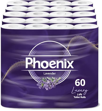 Phoenix Toilet Rolls – 60 Pack | 3 Ply Lavender Scented Toilet Paper | Bulk Buy, Soft, Quilted, Sustainably Sourced, Eco- Friendly Luxury Bathroom Tissue
