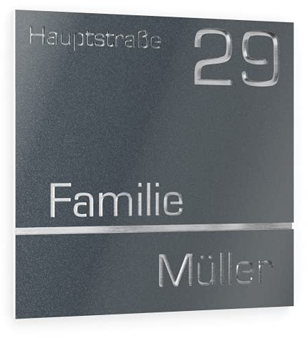 Graviers Design Numero civico personalizzabile in vetro acrilico + acciaio inox V2A 230 x 230 mm metallizzato, Resistente alle intemperie, Antiruggine, Targa per porta d’ingresso, Made in Germany