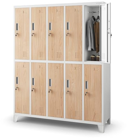 Jan Nowak Casier vestiaire 5B2A Armoire Metallique 10 Compartiments revêtement en Poudre 172 cm x 136 cm x 45 cm (Blanc/Imitation Bois)