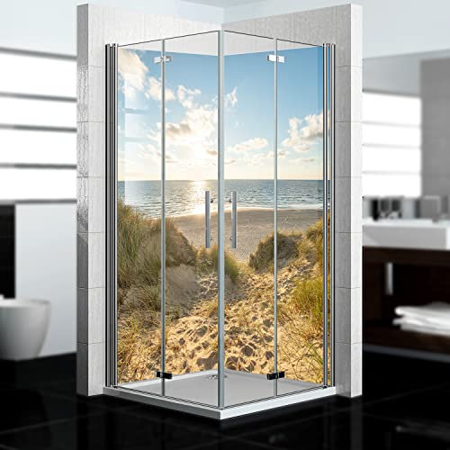 Dedeco - Dos de douche d'angle imperméable motif : herbe des dunes V4, 2x 90x200 cm, remplacement de carrelage pour salle de bain, comme paroi décorative, revêtement mural en aluminium