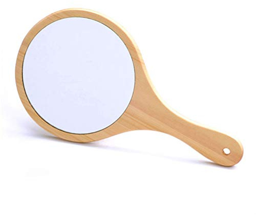 Sahgsa frisör handspegel cirkulär handspegel med trähandtag trä rund handspegel salong rund trä spegel makeup spegel makeup hår klippning rakning