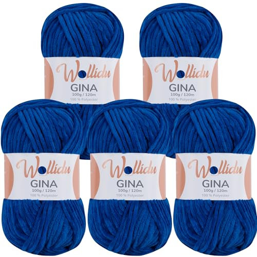 Wollidu Gina Chenille Garn zum Stricken und Häkeln 5 x 100g/120m Set 100% Polyester - Dunkelblau