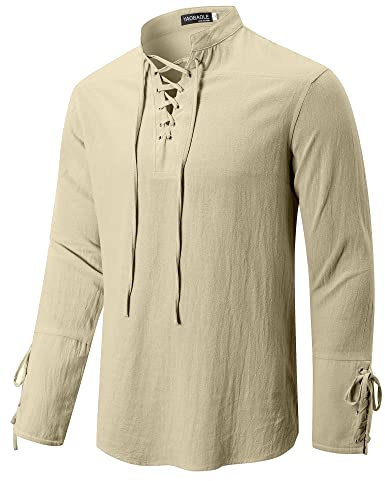 YAOBAOLE Chemise à Lacets Médiévale Homme en Lin Coton Manche Longue Col V Décontracté Costume Pirate Été Déguisement Viking