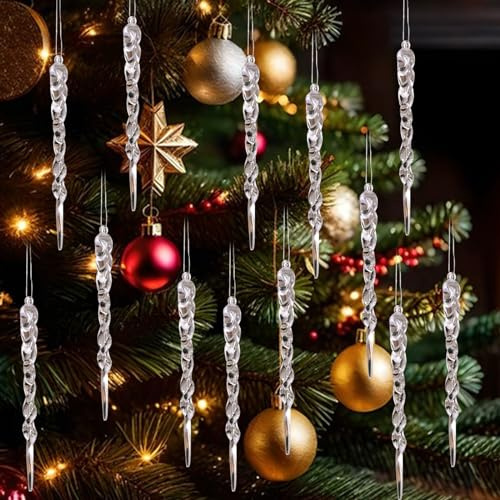 24PCS Christmas Decoration Acrylic Icicles, Crystal Icicles Baubles Clear Icicles Teardrop Hanging Decoration for Christmas Tree Decorations Party Holiday Winter Decor