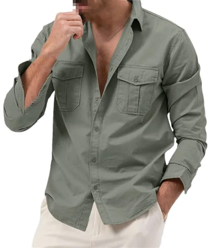 Camisas casuales para hombre, con múltiples bolsillos, manga larga, solapa y botones, cárdigan de safari, color liso, gris, S