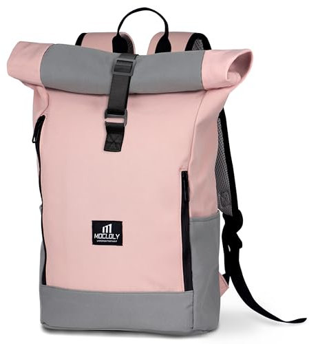 MOCLOLY Roll Top Backpack Womens & Mens, Waterproof Rolltop Backpack - Daypack fit 17 Inch Laptop Rucksack for Travel, Casual or Hiking - Pink