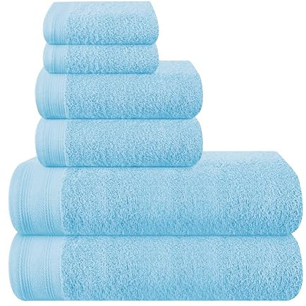 MALLONI HOME Ultra weiches 6er-Pack Baumwoll-Handtuch-Set, enthält 2 übergroße Badetücher 70 x 140 cm, 2 Handtücher 40 x 60 cm und 2 Waschbetten 30 x 30 cm, Himmelblau