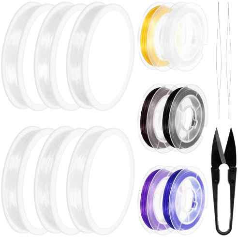 Swpeet 15 rollos de 6 rollos de 0,4 mm, 0,5 mm, 0,6 mm, 0,7 mm, 0,8 mm, 1 mm, hilo elástico colorido y agujas de perlas de 125 mm con tijeras en U, juego de surtido de hilo elástico para joyas