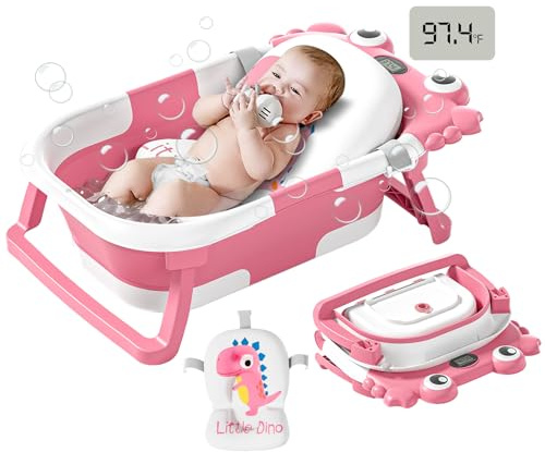 Hopfällbart babybadkar för nyfödda till småbarn med temperaturmonitor i realtid och flytande kudde, bärbart resebadkar för 0-36 månader, vikbart babybadkar för spädbarn och flickor (rosa)