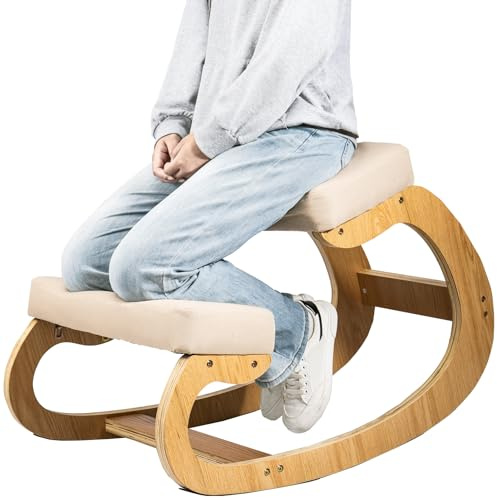 Trintion Ergonomic Kneeling Chair for Upright Posture, Rocking Orthopaedic Posture Stool Back Support with Thick Cushion for Home, Office & Meditation, Relieving Back and Neck Pain (Wooden Oak White)