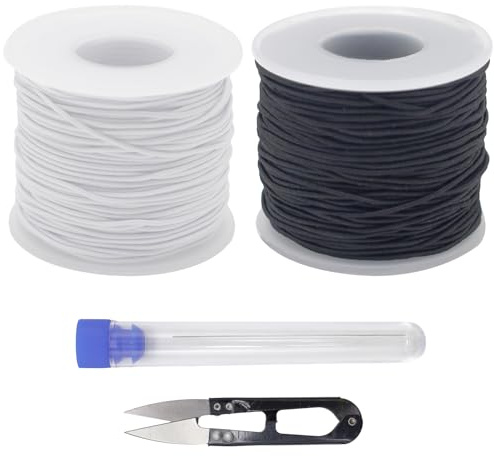 2 rollos de cordón de perlas elástico para pulseras con 1 pieza de tijeras negras, 1 aguja de perlas y 1 caja de tubo de ensayo, cuerda elástica para manualidades, pulseras (negro, blanco)