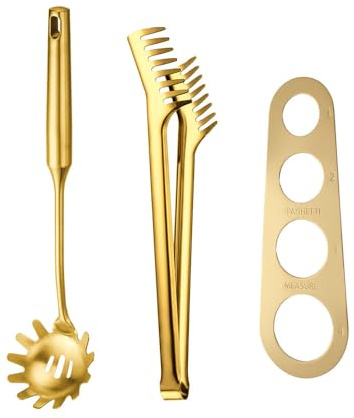 Juego de servidor de espaguetis de acero inoxidable dorado, cuchara de espaguetis con dientes, pinza de pasta de 12 pulgadas y cuchara de pasta de 13.6 pulgadas, herramienta de medición de espaguetis