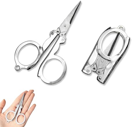 2 Pcs Stainless Steel Folding Scissors - 10.5cm Compact Travel Scissors for Crafting/Sewing/Knitting/Yarn, with Thread Cutter & Safety Lock, Rust-Proof Mini Shears for Crochet Kits