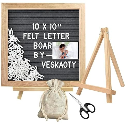 Tableau à lettres en feutre,25,4x25,4cm,tableau à lettres modifiable avec 350 lettres,cadre en bois pour annonces de bébé,jalons,décoration de bureau,panneau de mot de passe, cadeaux de ferme (Gris)