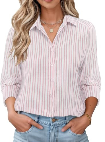 Rapbin Autumn Tops for Women's Cute Shirt V Neck Long Sleeve Tunic Blouses Button Down Ladies Shirt Pink Stripes L(UK 16-18)