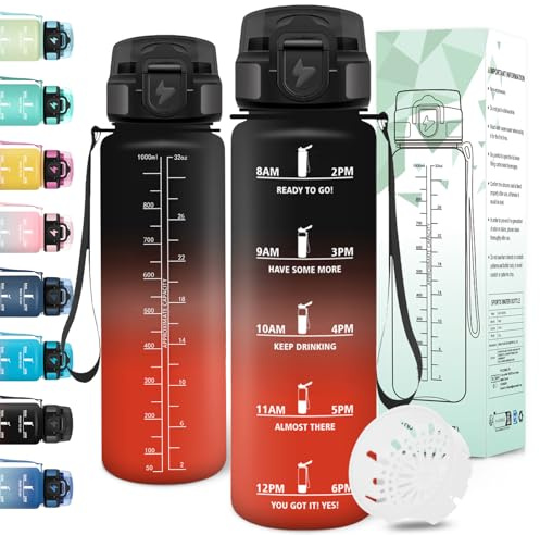 Motswedi Gourde 1l, Anti-Fuite, Gourde Sport, avec Marqueur de Temps, Bouteille d'eau, Réutilisable, Bouteille, Sans BPA, pour Sport, Yoga, Fitness, Randonnée, Noir Rouge