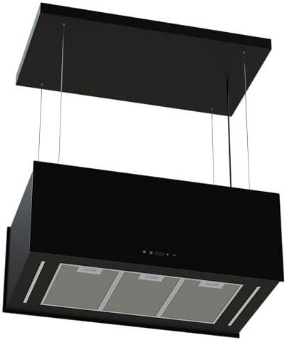 refsta 8090 KALE, Design Inselhaube, Seile, 90cm, schwarz, Glas, LED, 4 Stufen, Fernbedienung, Touch Control, 605m³/h