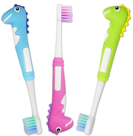 Toddler Toothbrushes Dinosaur x 3 ~ Manual Set Brushes Toddler Teeth 0-3