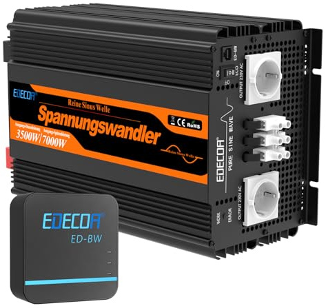 EDECOA Inversor de onda sinusoidal pura de 12 V 230 V, 3500 W/7000 W, 12 V a 230 V, con módulo WiFi, compatible con funciones de aplicación con 1 puerto USB y 1 conector PD