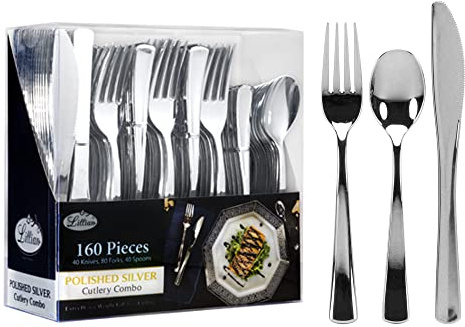 Plastic Cutlery Silverware Extra Heavyweight Disposable Flatware, Full Size Cutlery Combo, Polished Silver, 80 Forks, 40 Spoons, 40 Knifes, Value Pack 160 Count
