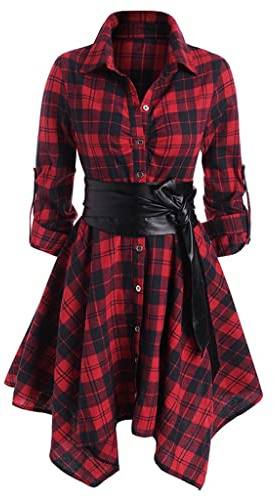 ORANDESIGNE Abito Scozzese Donna Elegante Camicia Quadri Lunga Vintage Abito Chemisier con Cintura in Pelle Orlo Irregolare Vestito Camicetta A Rosso S
