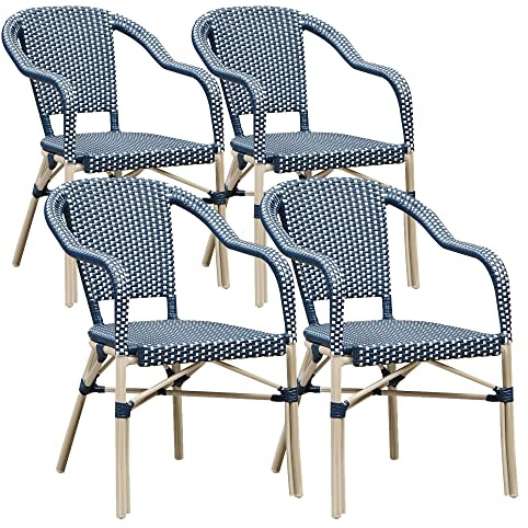 PURPLE LEAF Outdoor Dining Chair Set of 4 Hand-Woven Aluminum Rattan Chair for Garden Kitchen Backyard Porch White Print Finish Patio Chairs Deep Blue French Bistro Chairs