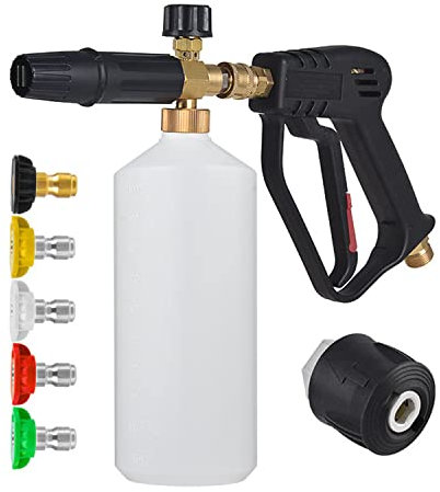 Aim Tools High Pressure Washer Gun Snow Foam Lance Cannon 1L Soap Dispenser Bottle with 5 Spray Nozzle Tips, M22-14mm Fitting and Quick Connect Adapter Fits Karcher, Car Jet Washer Cleaning Kit