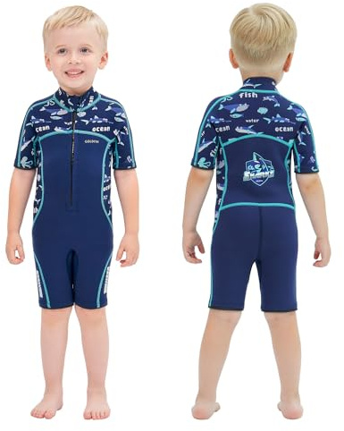 Goldfin Kids Wetsuit for Boys Girls, 3mm Shorty Wetsuits Neoprene Front Zip Wet Suits for Water Sports Surfing Swimming Snorkeling Diving Blue Size 4