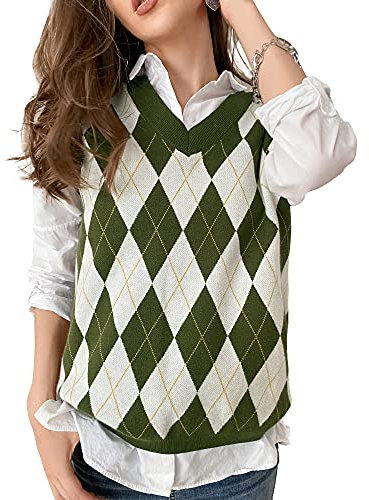 Fashionme Trendy High-Density-Stretch Argyle Plaid/Skelett Strickpullover Weste Y2K Hahnentritt ärmellos Retro, Grün , Groß