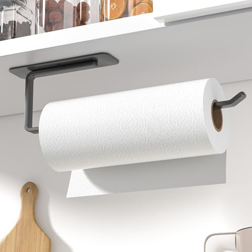Paper Towel Holder Under Cabinet - Self-Adhesive or Drilling - Black Upgraded Aluminum Paper Towel Rack - Paper Towel Holder Wall Mount - Suitable for Kitchen, Bathroom