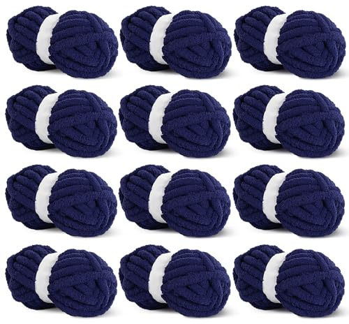 Hombys Navy Blue Chunky Chenille Yarn for Crocheting & Knitting, Super Bulky, Soft Plush, 12 Jumbo Packs (27yds, 8 oz Each)