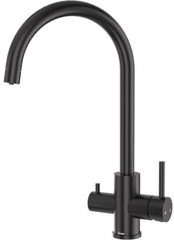 DETBOM Grifo para Fregadero de Cocina de 3 Vías, Mezclador de Cocina para Sistemas Ósmosis, 3 en 1 Doble Palanca, Agua Potable, Fría y Caliente, Mezclador de Fregadero Giratorio 360° (Negro)