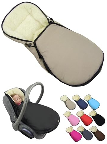 BambiniWelt Vinteråkpåse för babyskål – kompatibel med Maxi Cosi grupp 0+ – tillverkad av lammull, justerbar och tvättbar – åkpåse för bilbarnstol med 3-punkts bältessystem, färg: beige
