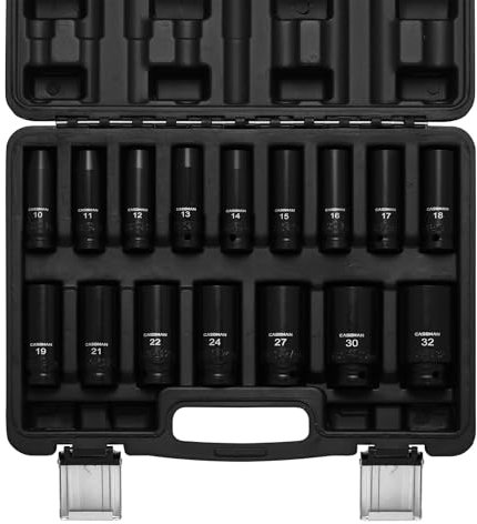 CASOMAN 16 PCS 1/2-Inch Drive Metric Impact Socket Set, 10 to 32mm, 6-Point Deep Impact Sockets, CR-V