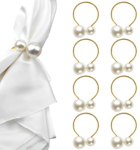 XURJUMI 8 Pezzi Porta Tovaglioli, Portatovaglioli Dorati Anelli per Tovaglioli di Perle Fermatovaglioli per Festa di Nozze, Cena di Capodanno, San Valentino, Decorazione della Tavola