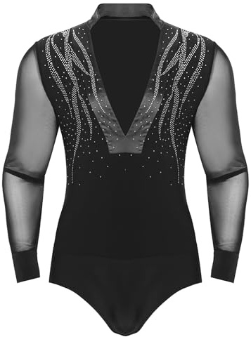 Yihuimin Body para hombre con cuello de pico, con botones de presión en la entrepierna brillante, traje de gimnasia de una pieza, camiseta latina, tango rumba, Negro , XL