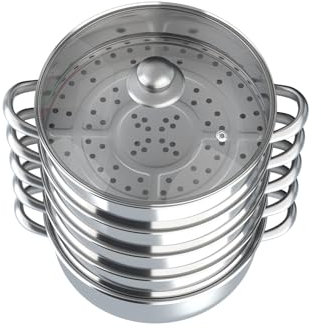 Olla de vapor de 5 capas de acero inoxidable con tapa de cristal, juego de cocción al vapor para inducción, gas y vitrocerámica, asas resistentes al calor e insertos de cocción al vapor, para cocina