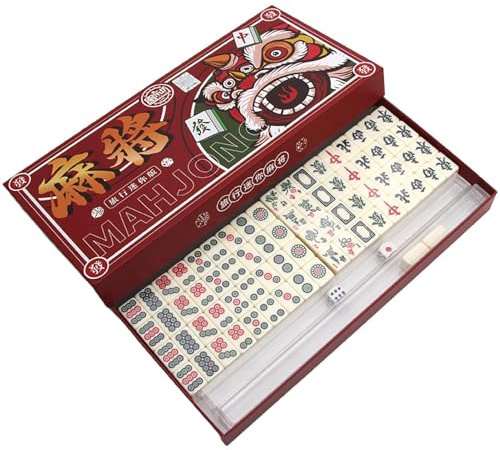 kdkskss Jeu De Mahjong - 144 Tuiles De Mahjong Traditionnelles avec 2 Dés Et 4 Règles, Portable pour La Maison, Jeu De Loisirs en Famille Et en Voyage