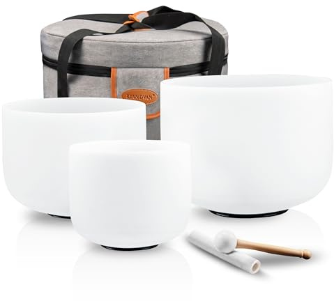 RYAN DVAN 432HZ Crystal Singing Bowl Set of 3, 6B Crown, 7A Third Eye, 8G Throat with Case Suede Striker&O-Ring Sound Therapy for Yoga, Reiki, Chakra Healing Energy Tuning&Mindfulness Kit