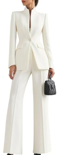 Kvinnors affärskostymer elegant hög krage blazer vida ben byxor set business casual kläder professionella kontor arbetsset, Vitt, S