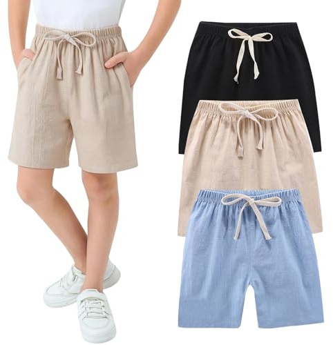 Kids 3 Pack Linen Shorts Boys Girls School Athletic Shorts with Drawstring Summer Running Gym Sports Pants Plain Elastic Waist Beach Trousers Activewear (Hot Pink, 11-12 Years)