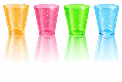 Stumbelina 100 COUNT (1 oz) NEON SPARKLE | PLASTIC SHOT GLASS CUPS | BRIGHT MULTI-COLOR Variety Pack | Disposable Party Mini Cups | Perfect for Jello Shots, Dessert Shooters, Parties, Weddings, Bars